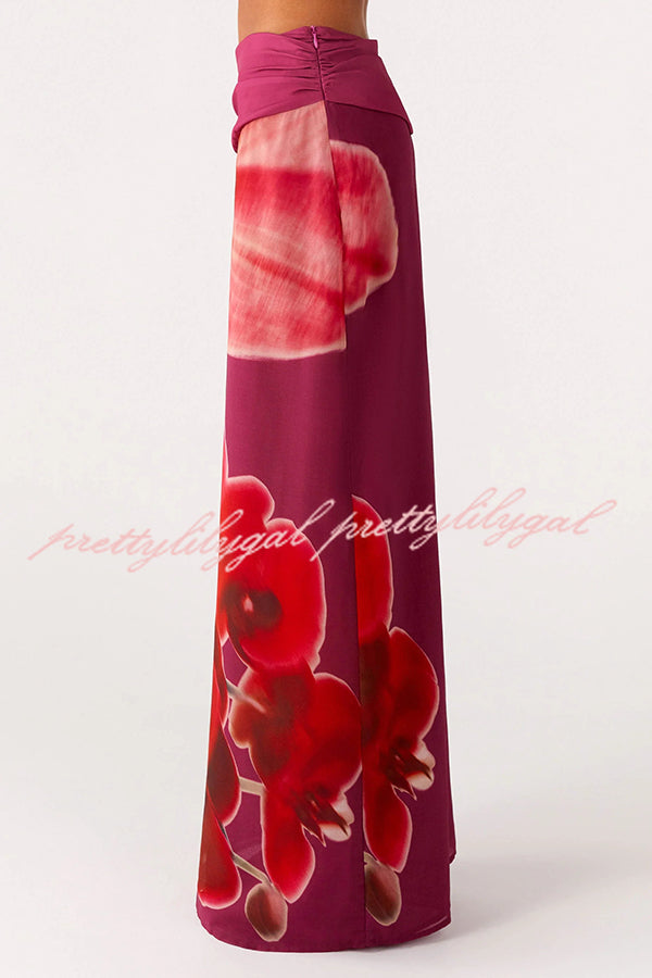 Sexy Deep V Backless Draped Camisole Top and Floral Print Chiffon Maxi Skirt Set