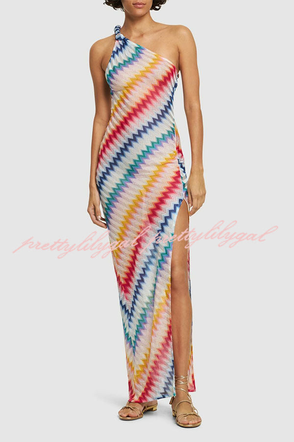 Vacay Charm Knit Colorful Zigzag Pattern One Shoulder Slit Maxi Dress