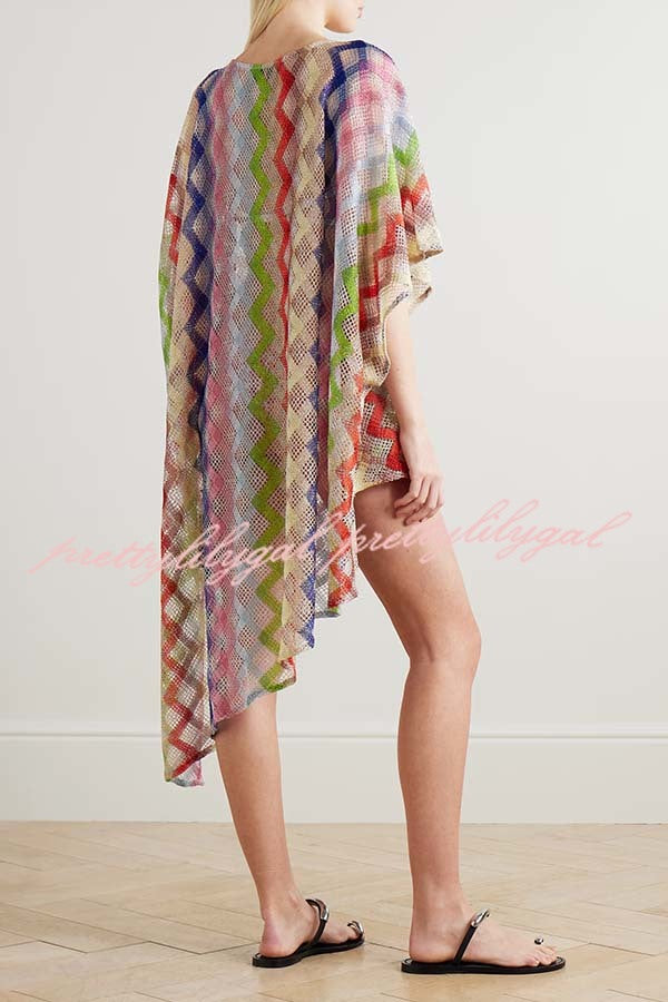 Sun Washed Knit Colorful Zigzag Pattern Asymmetric Hem Loose Cover-ups Kaftan