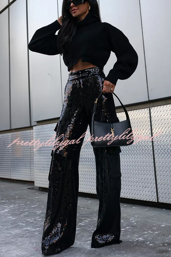 Night Gathering Sequin High Rise Pocketed Wide Leg Cargo Pants