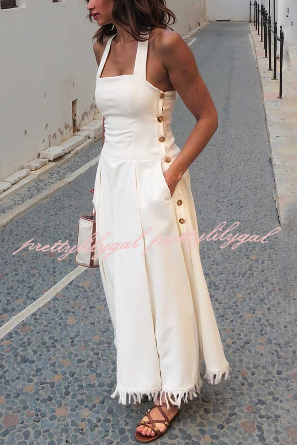 Bohemian Square Neck Pocket Tassel Holiday Maxi Dress