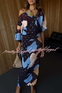 Mara Pleated Fabric Metallic Speckled Color Block Print One Shoulder Maxi Dress