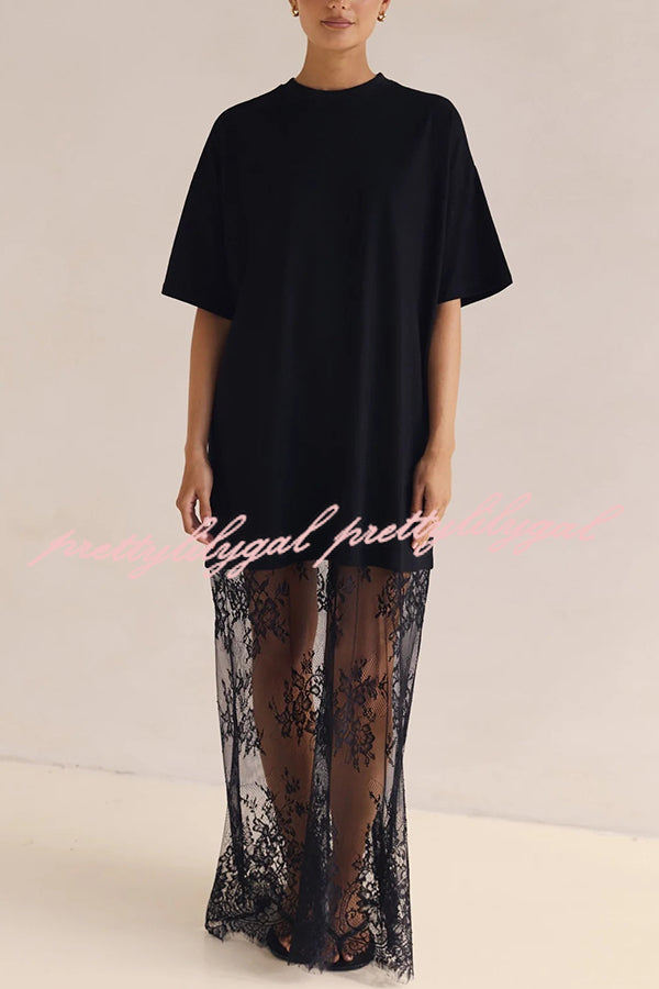 Ophelia Short Sleeve Sheer Floral Lace Hem Oversized T-shirt Maxi Dress