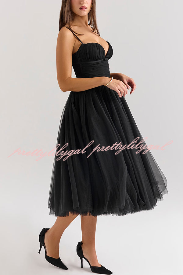 Royal Treatment Tulle Bows Detail Ruched Slip Midi Dress