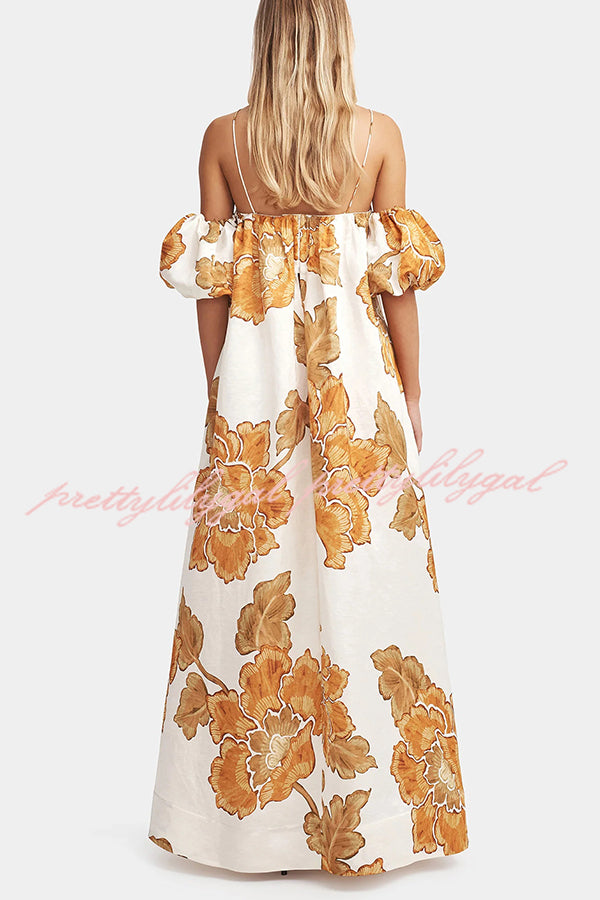 Floral Print Suspenders Puff Sleeves Loose Pocket Holiday Maxi Dress