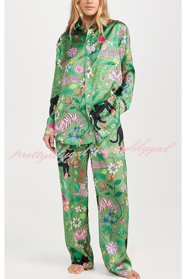 Quiet Jungle Satin Unique Print Long Sleeve Shirt and Elastic Waist Pocket Lounge Pants Set