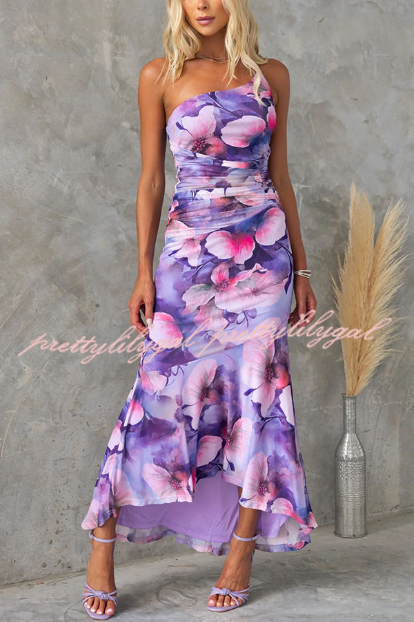 Deja Mesh Overlay Floral Print One Shoulder Ruched Stretch Maxi Dress