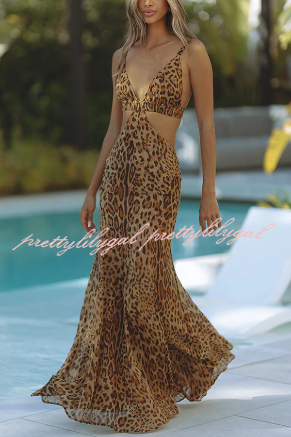 Elegant Wildness Leopard Print Elasticated Cutouts Slip Maxi Dress