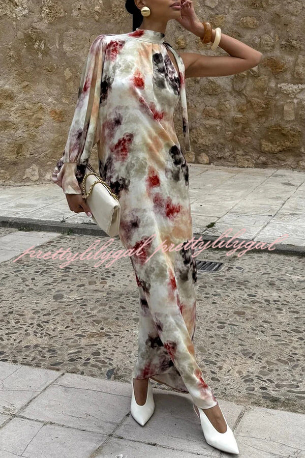 Ninah Satin Tie-dye Print Tie-up Neck One Sleeve H-line Maxi Dress