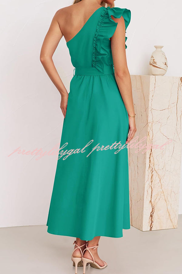 Solid One Shoulder Ruffled Sleeves Tie Waist Maxi Dress