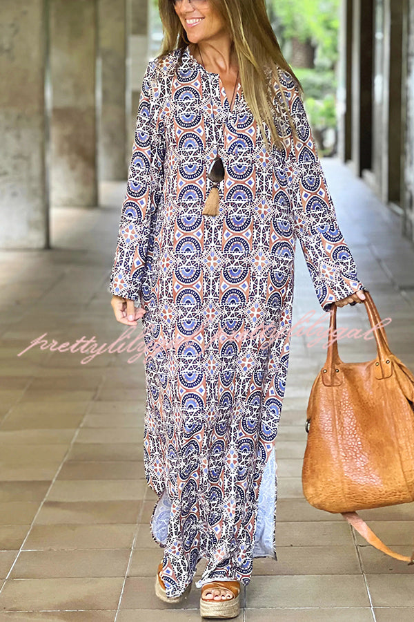 Unique Printed Long Sleeve V-neck Loose Maxi Dress