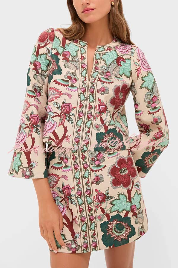 Autumn Garden Printed V-neck Long Bell Sleeve Top and Mid Rise Skirt Set