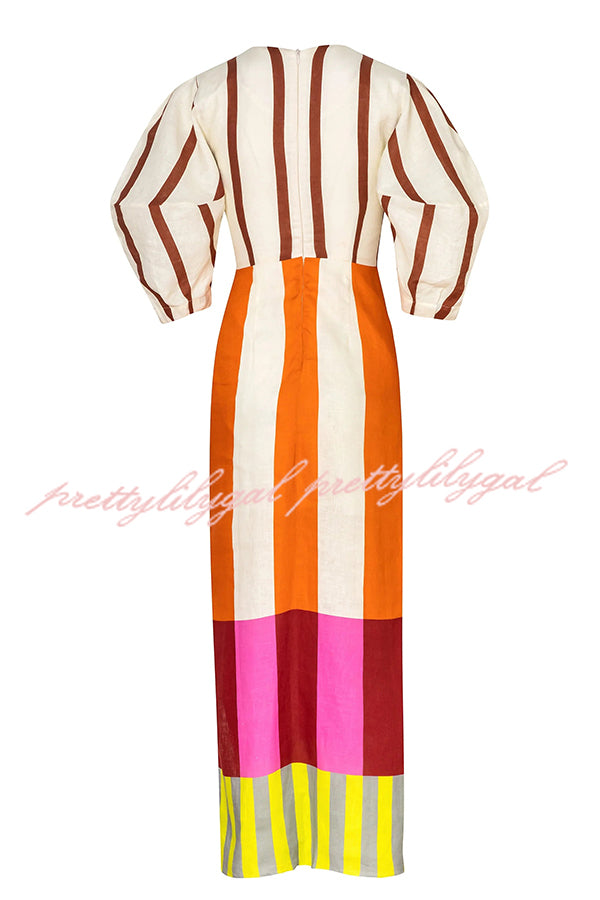 Kaya Linen Blend Color Block Print Front Cutout Knot Puff Sleeve Maxi Dress