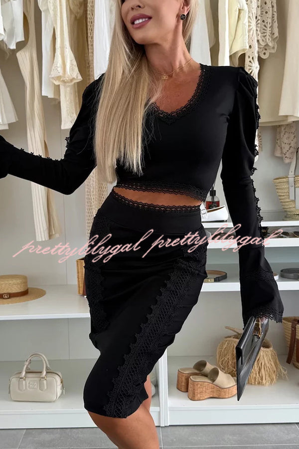 Career Beauty Lace Paneled Long Bell Sleeve Crop Top and High Rise Mini Skirt Set
