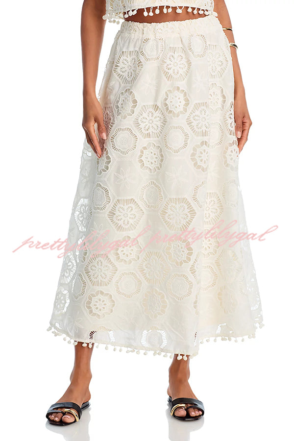 Nice Try Embroidered Crochet Lace Tassle Trim Elastic Waist Midi Skirt