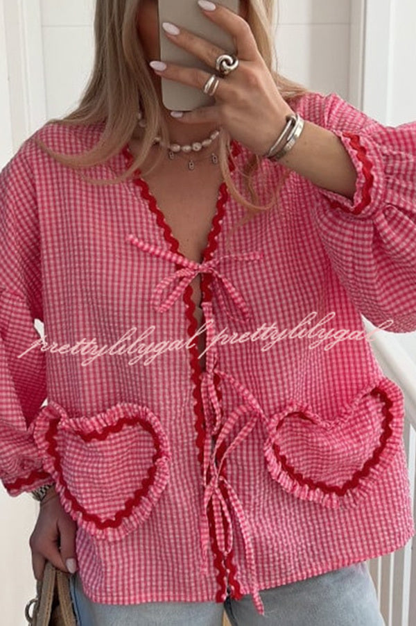 Lovely Plaid Heart Pattern Casual Lace-up Pocket Loose Shirt