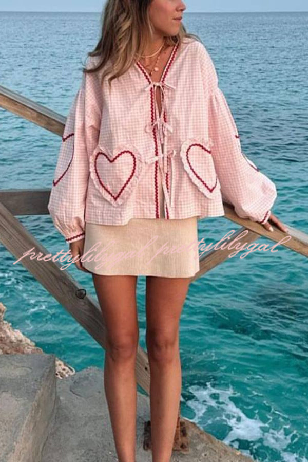 Lovely Plaid Heart Pattern Casual Lace-up Pocket Loose Shirt