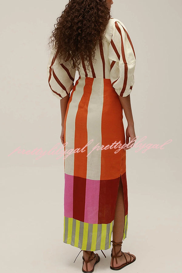 Kaya Linen Blend Color Block Print Front Cutout Knot Puff Sleeve Maxi Dress