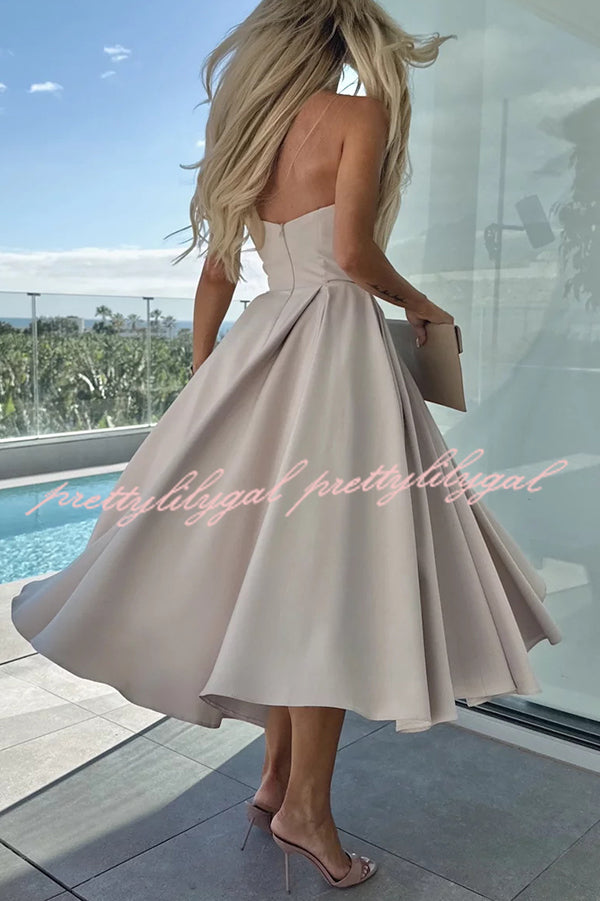 Sweet Cascade Solid Color Off Shoulder Pocket Full Hem Midi Dress