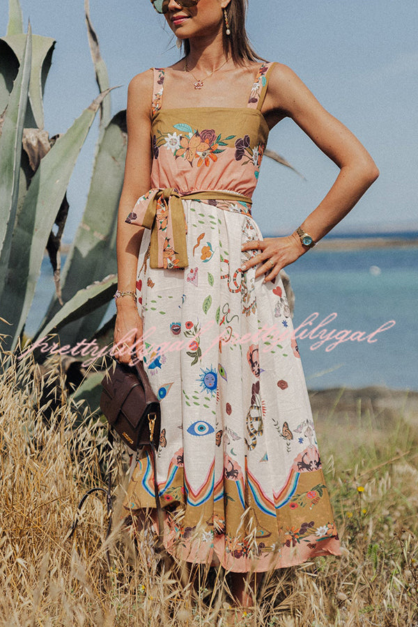 Summer Vibes Linen Blend Unique Print Smocked Belt Midi Dress