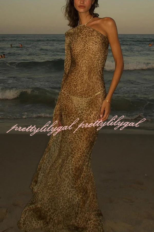Leopard Print One Sleeve Sexy See-Through Fit Maxi Dress