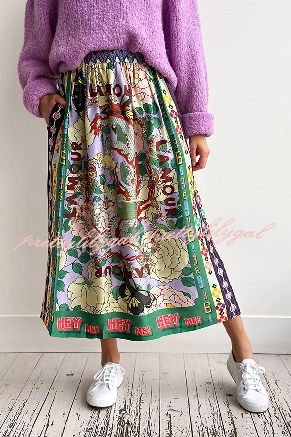 Dragon Season Unique Print Elastic Waist Pocketed Midi Skirt