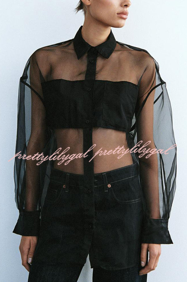 Party Partner Organza Patchwork Back Tie-up Semi-sheer Loose Blouse