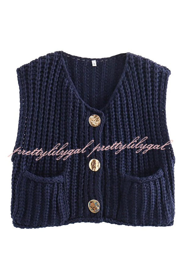 Solid Color Sleeveless Pocket Knitted Vest