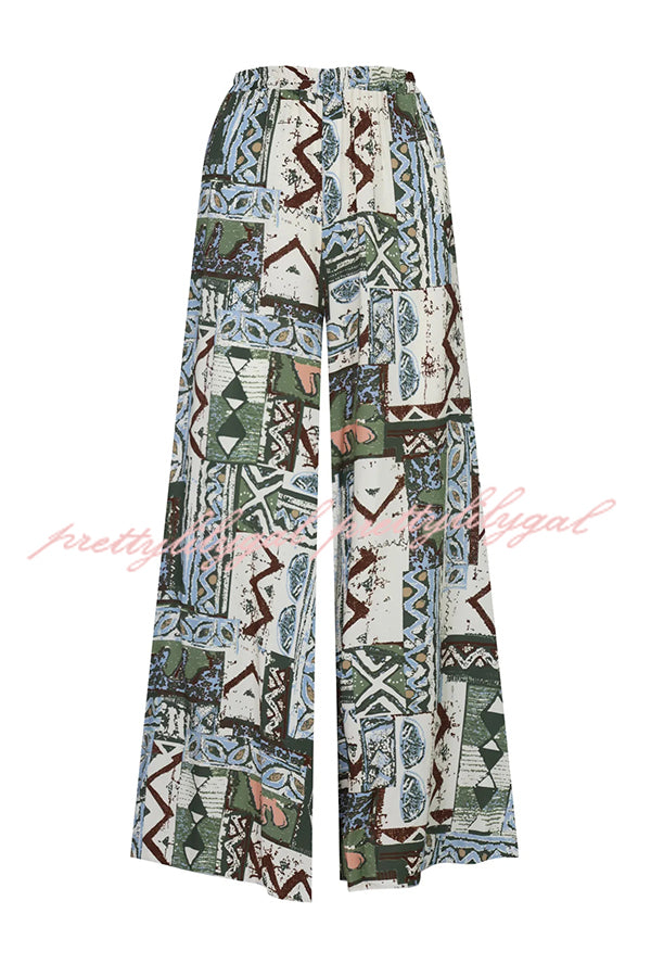Terrace View Off Shoulder Tie Loose Top and Elastic Waist Unique Print Loose Pants Set