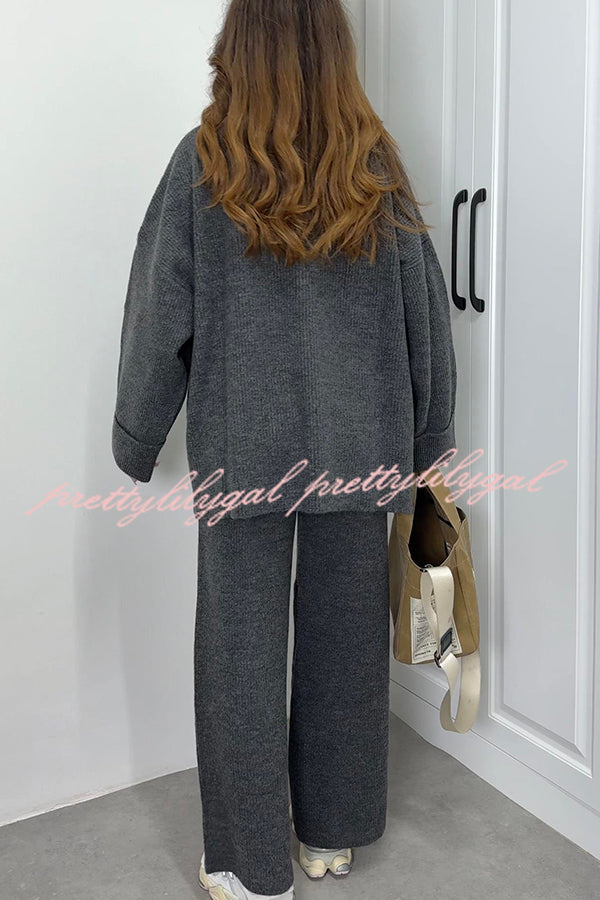 Solid Color Loose Long-sleeved Knit Top and Elastic Waist Casual Straight Leg Pants Set