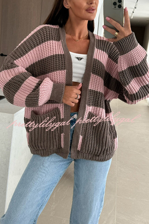 Fashionable Patchwork Striped Casual Pocket Knitted Sweater