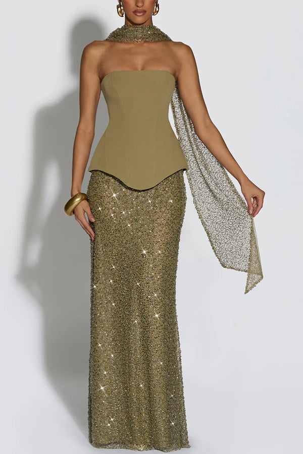Oakley Corset Strapless Top and Sequin High Rise Maxi Skirt Scarf Set
