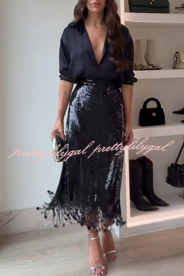 City Queen Sequin Tassel Round Pieces High Rise Back Zipper Midi Skirt