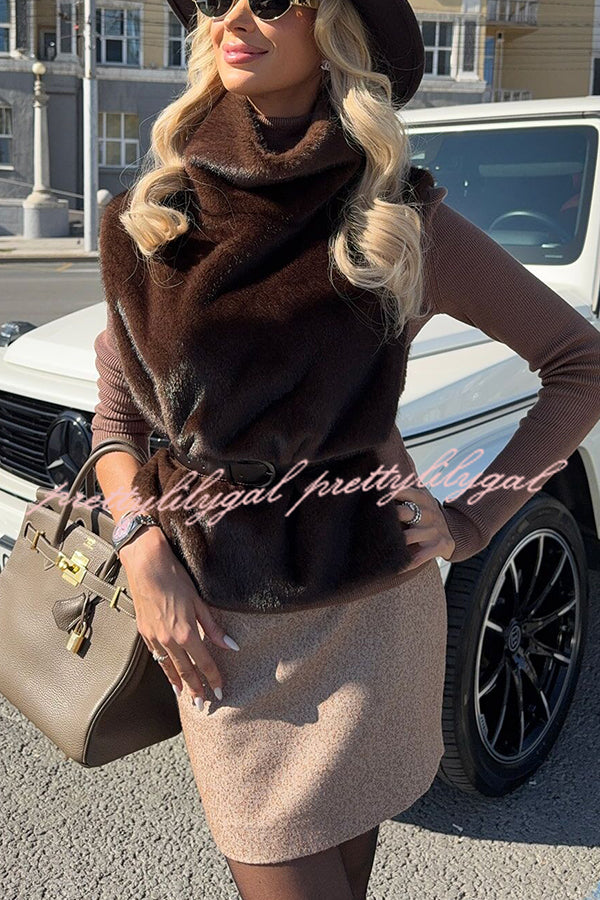 Warm and Stylish Shaggy Eco-fur Stand Collar Side Slit Vest