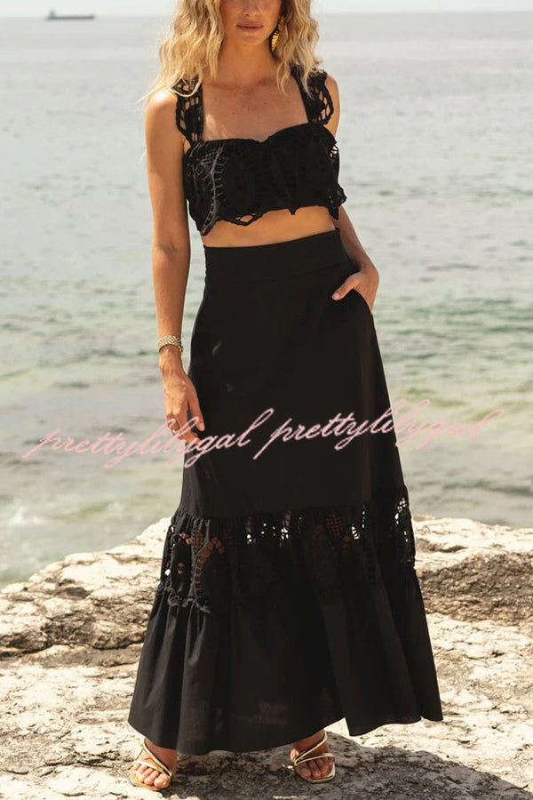 Summer City Hollow Lace Crop Tank and Elastic Waist Pocketed A-line Maxi Skirt Set