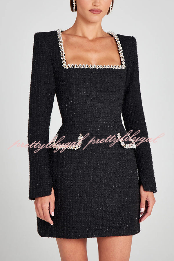 Girly and Glamorous Tweed Fabric Pearl Trim Long Slit Sleeve Pocketed Mini Dress