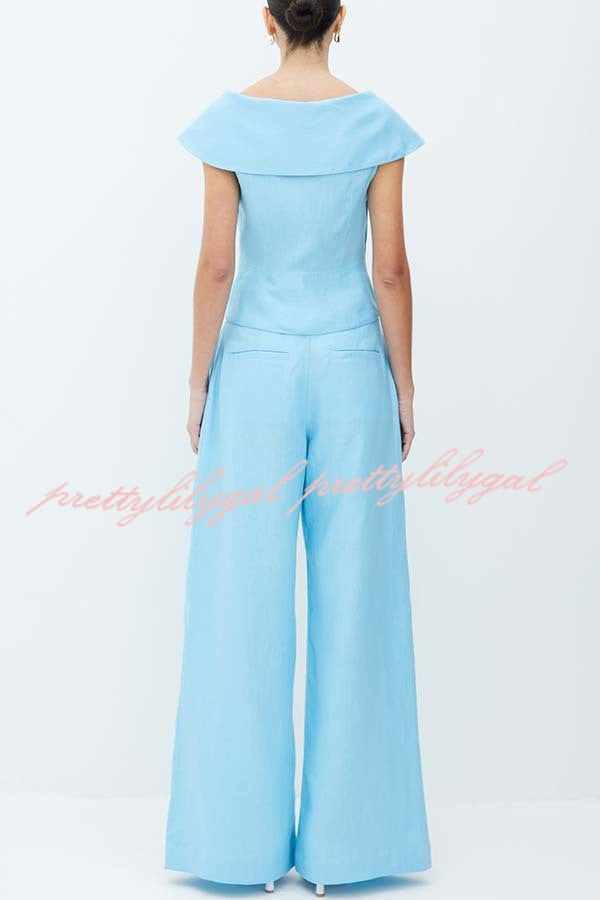 Velena Linen Blend Button Up Lapel Top and High Rise Pocket Wide Leg Pants Set