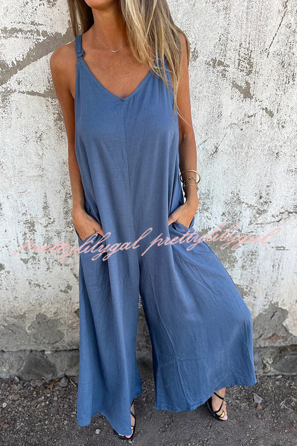 Linen Blend Solid Color Suspenders Loose Pockets Casual Wide-leg Jumpsuit