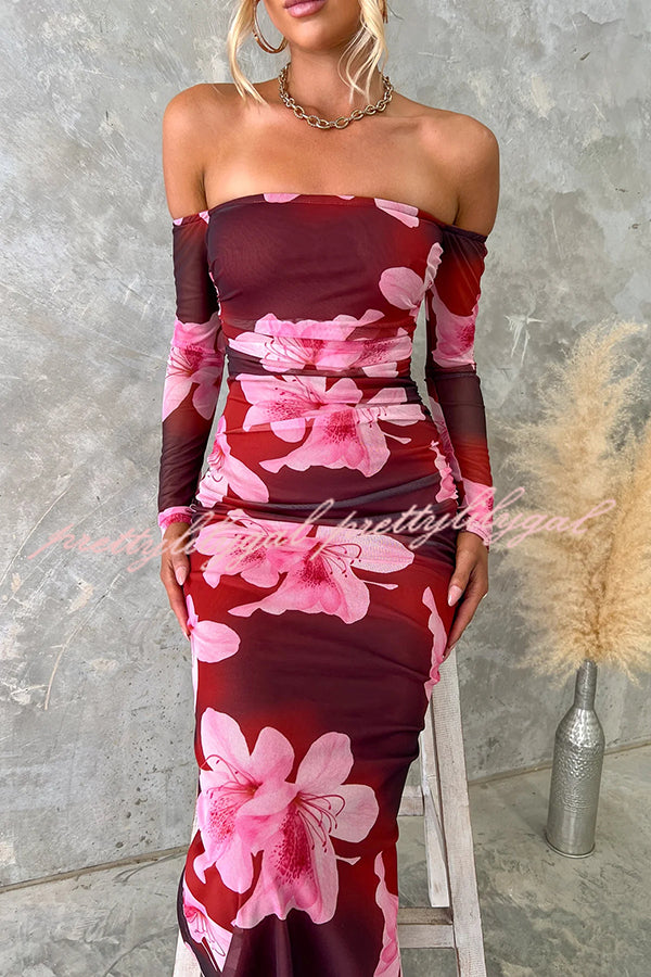 Floral Fantasy Mesh Off Shoulder Long Sleeve Stretch Maxi Dress