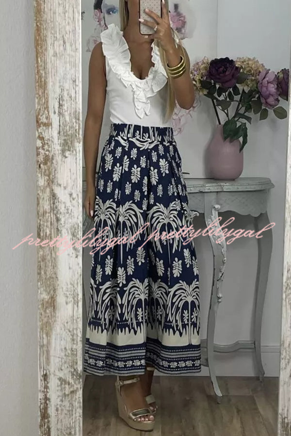 Unique Print Elastic Waist Loose Pocket Holiday Wide Leg Pants