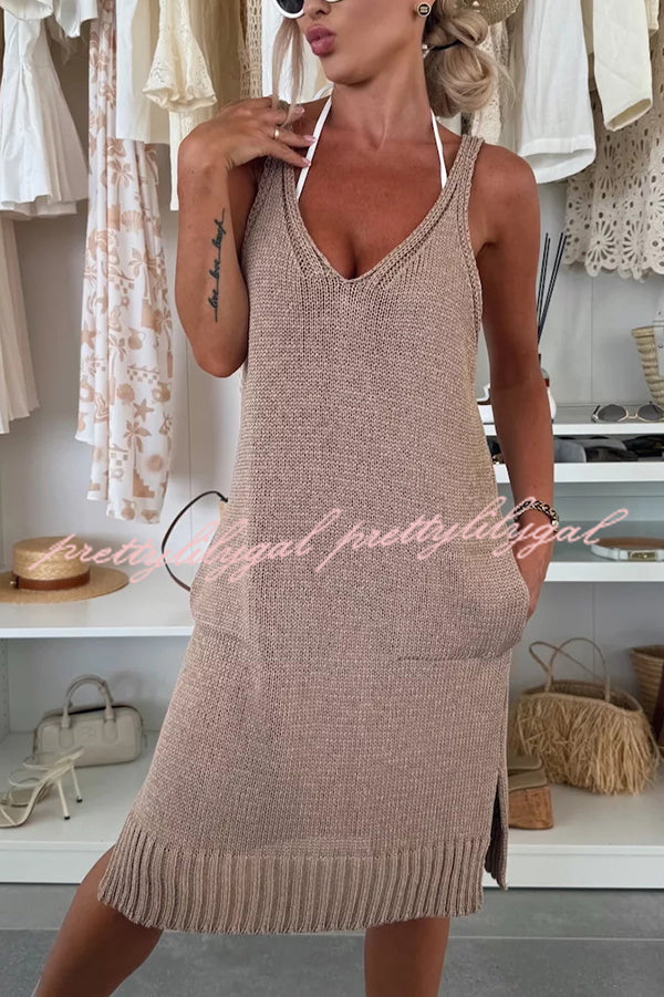 Solid Color V-Neck Sleeveless Casual Pocket Knitted Midi Dress