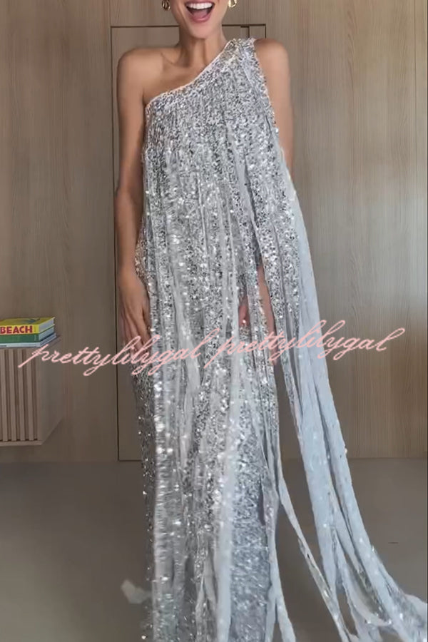 Holiday Muse Sequined Slit Tassels One Shoulder H-line Maxi Dress