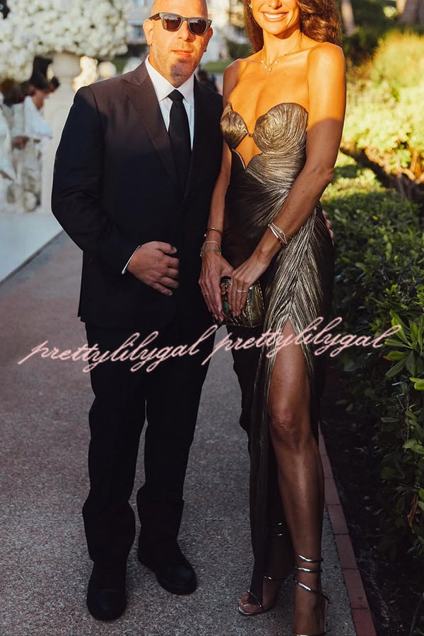 Amisha Metallic Pleated Shell Cups Hollow Gold Pendant Strapless Drape Slit Maxi Dress
