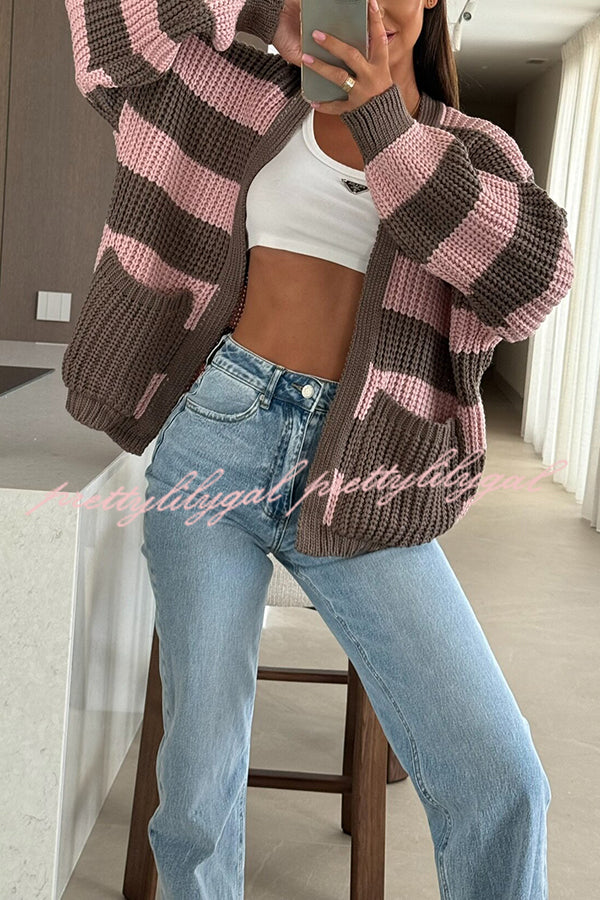 Fashionable Patchwork Striped Casual Pocket Knitted Sweater