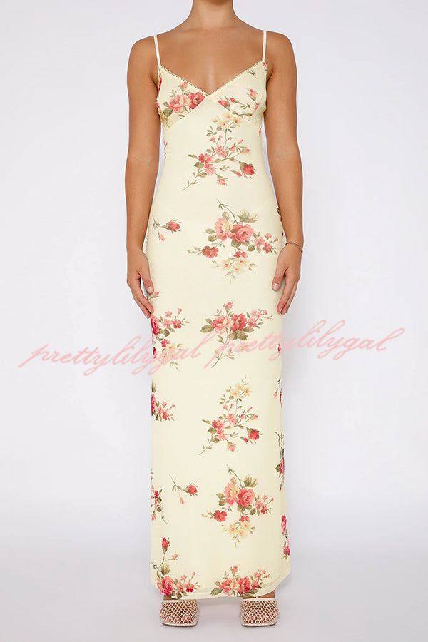 Reveling in The Unknown Floral Print Slip Stretch Maxi Dress