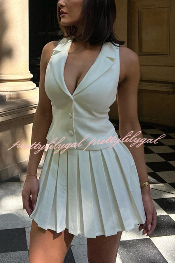 Sexy V-neck Sleeveless Vest and Pleated Mini Skirt Set