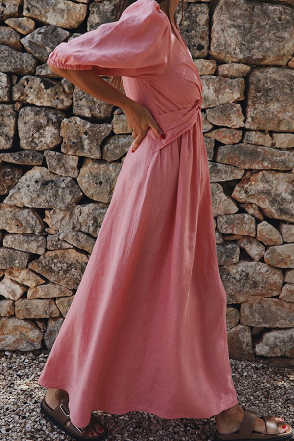 Linen Blend High Waist V-neck Loose Maxi Dress