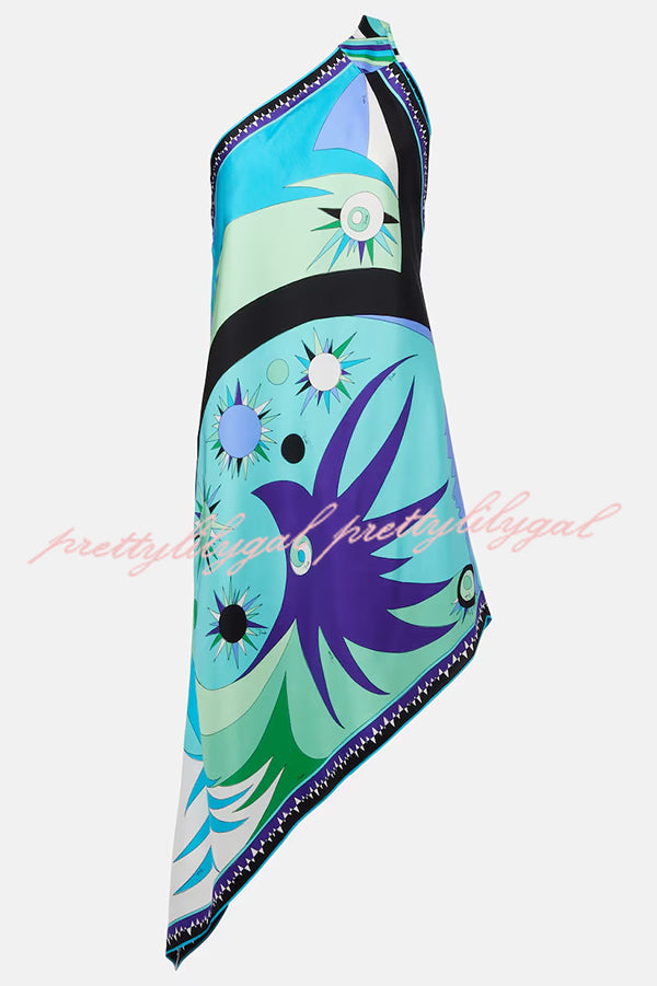 Naughty Lady Satin Unique Print One Shoulder Irregular Hem Vacation Midi Dress