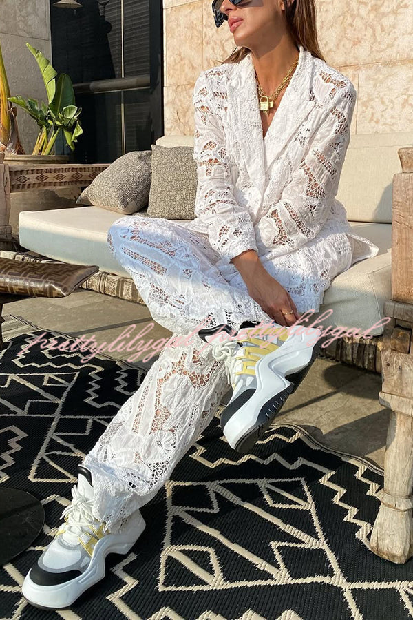 Fashionable Lace Long-sleeved Lapel Loose Top and Casual Hollow Pants Set