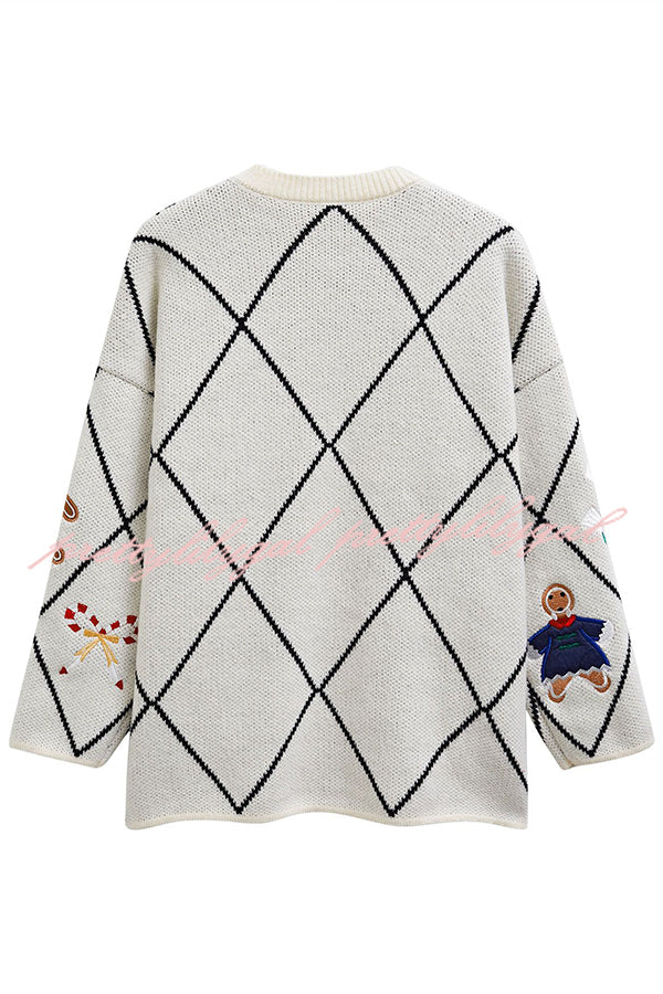 Argyle Candy Gingerbread Man Embroidered Button-knit Cardigan